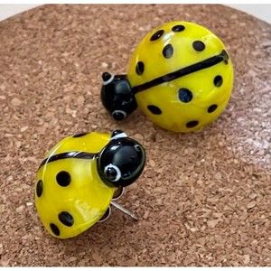 Yellow Lampwork Ladybug Earrings Blown Glass 925 Stud Sterling Silver